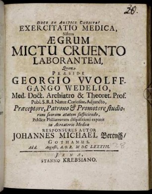 Exercitatio Medica, Sistens Aegrum Mictu Cruento Laborantem