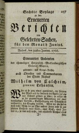 Sechste Beylage. Rostock, den 30sten Junius, 1766