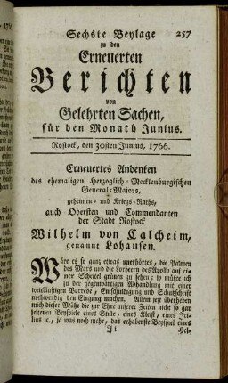 Sechste Beylage. Rostock, den 30sten Junius, 1766
