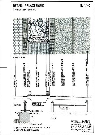 Hansjakob, Gottfried; München, Prinzregentenplatz; Prinzregentenplatz - Pflasterung (Aufsicht, Schnitt, Detail), Grünflächeneinfassung - Granitblockstufe (Schnitt), Zaun (Ansicht)