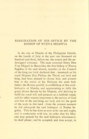 Resignation of his office by the bishop of Nueva Segovia