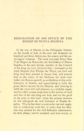 Resignation of his office by the bishop of Nueva Segovia