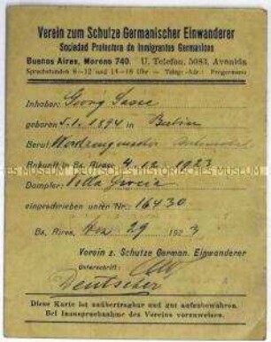 Mitgliedskarte des Vereins deutscher Einwanderer in Argentinien