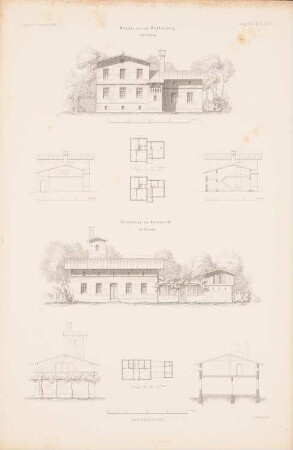 Wohnhaus Mühlenberg, Potsdam. Wohnhaus Bornstedt, Potsdam: Grundriss, Ansicht, Seitenansicht, Querschnitt Mühlenberg, Grundriss, Ansicht, Seitenansicht, Querschnitt Bornstedt (aus: Atlas zur Zeitschrift für Bauwesen, hrsg. v. G. Erbkam, Jg. 6, 1856)