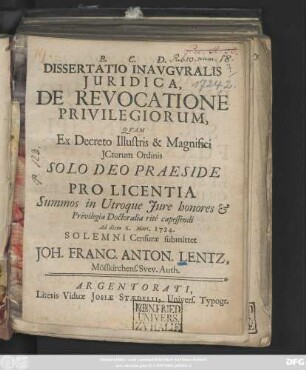 Dissertatio Inavgvralis Juridica, De Revocatione Privilegiorum
