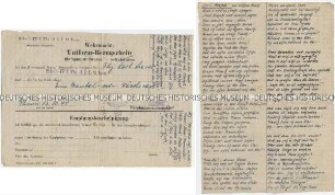 Uniform-Bezugsschein der Schule IV für Fahnenjunker der Infanterie mit einem Gedicht von Wilhelm Busch auf der Rückseite