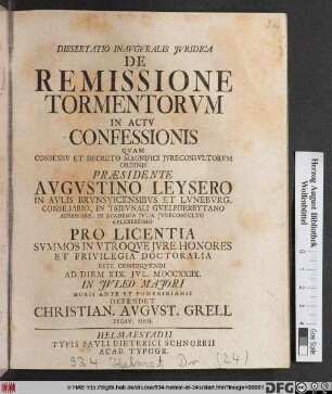 Dissertatio Inavgvralis Jvridica De Remissione Tormentorvm In Actv Confessionis
