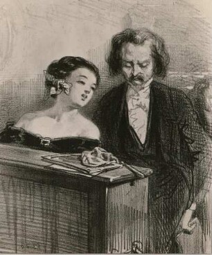 Gavarni, Paul: Masques et visages. Piano (1). Mon morceau! Lithografie; 19,2 x 16,2 cm. Um 1850