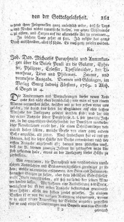 Paraphrasis und Anmerkungen über die Briefe Pauli an die Galater, Epheser, Philipper, Colosser, Thessalonicher, den Timotheus, Titus und Philemon. 2.verm.Ausg.