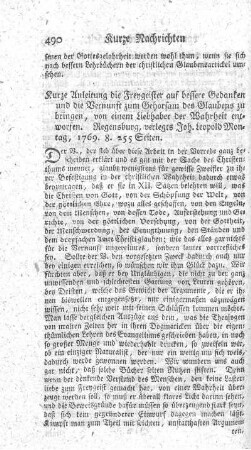 Kurze Anleitung, die Freygeister auf bessere Gedanken und die Vernunft zum Gehorsam des Glaubens zu bringen.