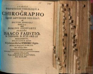 Disp. theol. de chirographo, quod adversus nos erat : ad dictum Apostoli, Coloss. II, 14