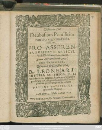 Disputatio IX. De abusibus Pontificiorum circa negocium Eucharisticum, Pro Asserenda Puritate Articuli VII. Christianae Concordiae