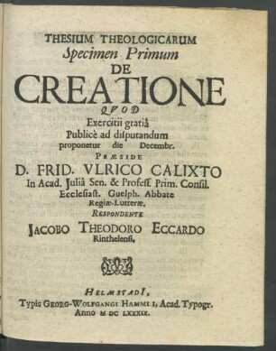 Thesium Theologicarum Specimen Primum De Creatione