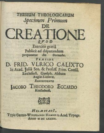 Thesium Theologicarum Specimen Primum De Creatione
