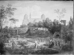 Der Garten der Villa Negroni-Peretti mit der Kirche Santa Maria Maggiore im Hintergrund