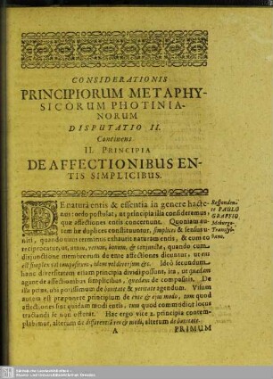 Disputatio II. Continens II. Principia De Affectionibus Entis Simplicibus; Respondente Paulo Graffio Meburgo-Transylvano