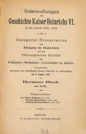 Untersuchungen zur Geschichte Kaiser Heinrichs VI. in den Jahren 1191 - 1194