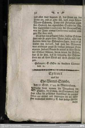 Extract aus der Ehe-Viertel-Stunde, den 20. Sept. 1744. in Marienborn