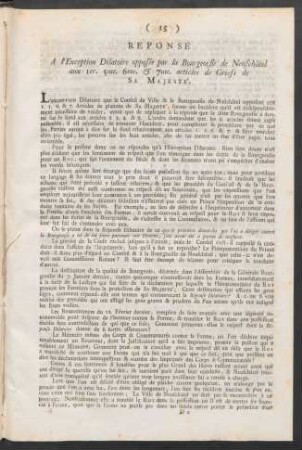 Reponse A l'Exception Dilatoire opposée par la Bourgeoisie de Neufchâtel ...