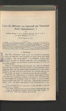 Ueber die Okklusion von Sauerstoff und Wasserstoff durch Platinschwarz. I.