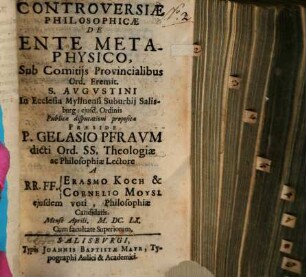 Controversiae Philosophicae De Ente Metaphysico