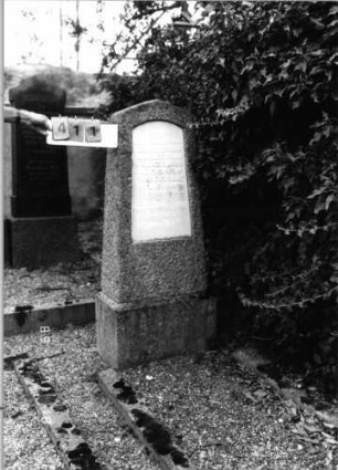 Grabstein 411 (Index: 99797452) Material: Granit, Marmorplatte Zustand: leicht verwittert Maße HxBxT: 140x41x18 cm Beschreibung: Stele, Giebelabschluß, Sockel: Grabstein 411
