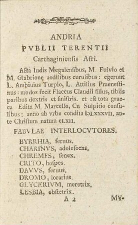 Andria. Pvblii Terentii, Carthaginiensis Afri