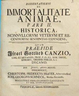 Dissertationis de immortalitate animae, Pars 2. Historica, nonnullorum veterum et recentiorum sententias expendens