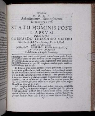 Aphorismorum Theologicorum Disputatio VII. De Statu Hominis Post Lapsum