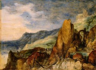 Berglandschaft mit geknickten Tannenstämmen im Strom