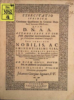 Exercitatio iur. continens quaestiones de crimine maiestatis humanae difficiliores