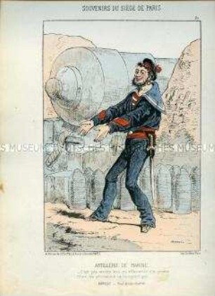 Karikatur, Artillerist der Marine zeigt stolz die Vorräte an Geschossen, Frankreich 1870. Tafel 20 aus: Souvenirs du Siège de Paris. Les Défenseurs de la Capitale.