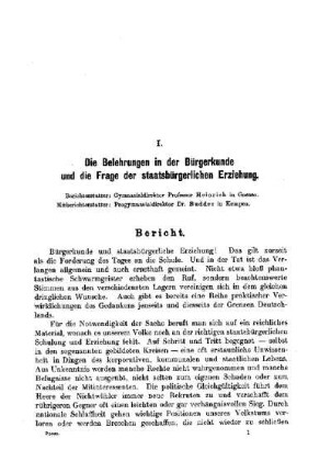 Die Belehrungen in der Bürgerkunde und die Frage der staatsbürgerlichen Erziehung : [Bericht]