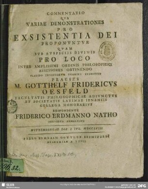 Commentatio Qua Variae Demonstrationes Pro Exsistentia Dei Proponuntur