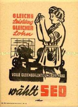 Illustriertes Flugblatt zur Gleichberechtigung der Frauen und damit verbundener Aufruf zur Wahl der Kandidaten der SED bei den Landtagswahlen 1946