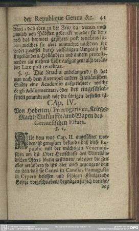 Cap. IV. Von Hoheiten, Praerogativen, Kriegs-Macht, Einkünffte, und Wapen des Genuesischen Estats