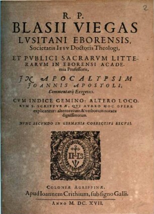 Commentarii exegetici in Apocalypsin Joannis Apostoli