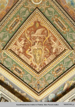 Deckendekoration des Salone Verde : Weibliche Allegorien in Wappenkartuschen, von Meerwesen flankiert