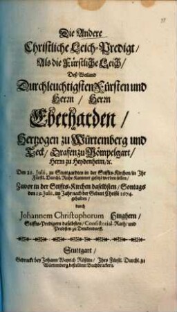 Die 2. Christliche Leichpredigt über Eberhard III. Herzog zu Würtemberg