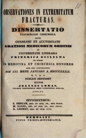 Observationes in extremitatum fracturas : Diss. inaug. chir.