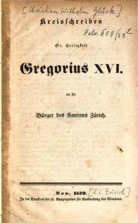 Kreisschreiben Sr. Heiligkeit Gregorius XVI. an die Bürger des Kantons Zürich