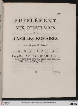 Supplément aux consulaires ou familles romaines. En argent & bronze