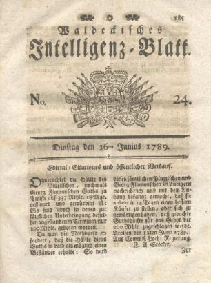 No. 24, Dinstag den 16ten Junius 1789