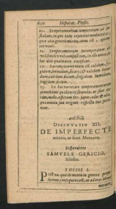 Disputatio XII. De Imperfecte mixtis, ut sunt Meteora. Respondente Samuele Gericio