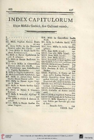 Index capitulorum hujus Missalis Gothici, sive Gallicani veteris