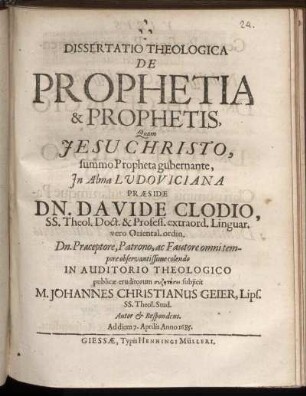 Dissertatio Theologica De Prophetia & Prophetis