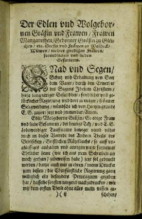 Der Edlen und Wolgebornen Gräfin und Frawen/ Frawen Margarethen/ Geborner Gräfin zu Gleichen [...]