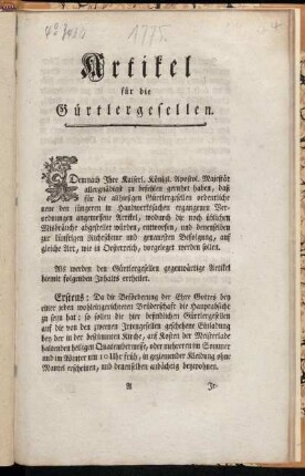 Artikel für die Gürtlergesellen : Gegeben ob dem Königl. Prager Schlosse den 9 Februarii 1775