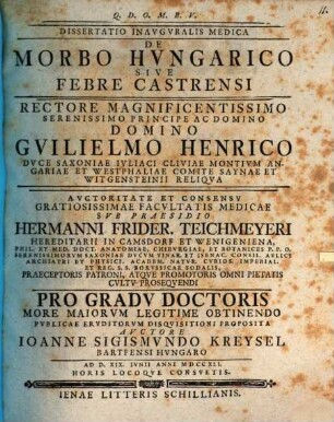 Dissertatio Inavgvralis Medica De Morbo Hvngarico Sive Febre Castrensi