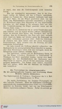 Die Verwendung des Aluminiummetalles für die photographische Camera und Gewinnung dieses Metalles mittels Elektrolyse